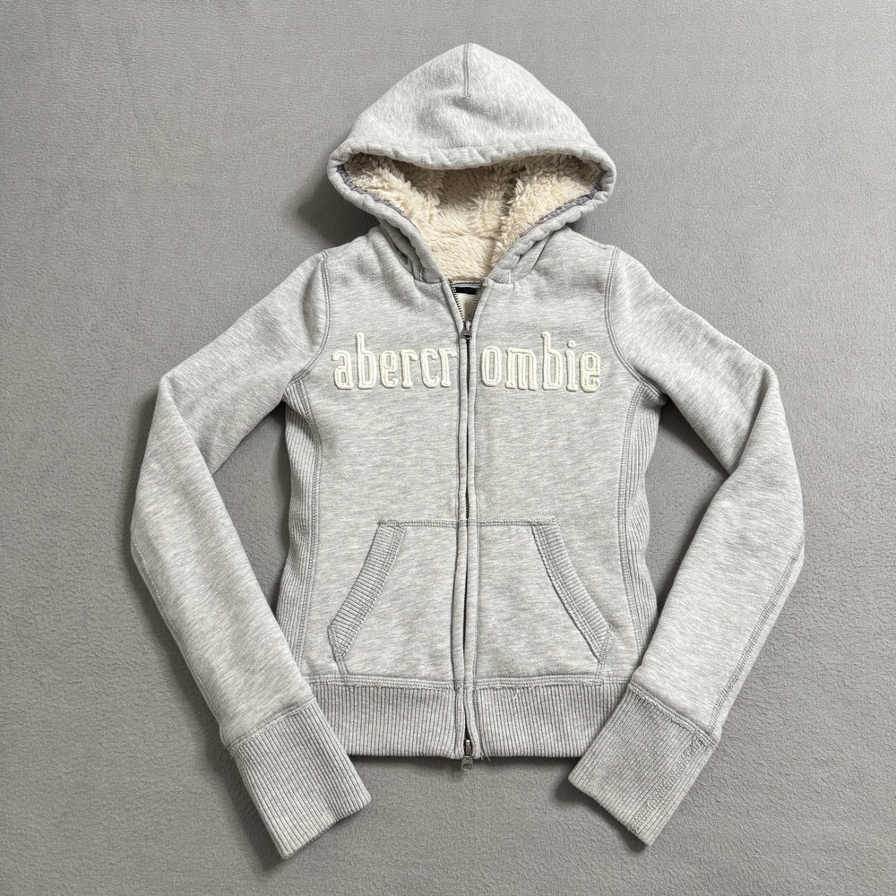 Abercrombie Hoodie Womens Medium Gray Sherpa Lined Full Zip Logo Teen